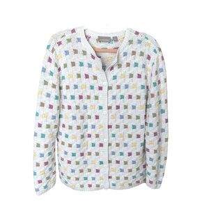 NORDSTROM Vintage Granny Cardigan‎ Sweater White Pastel Multi Colored Block Knit